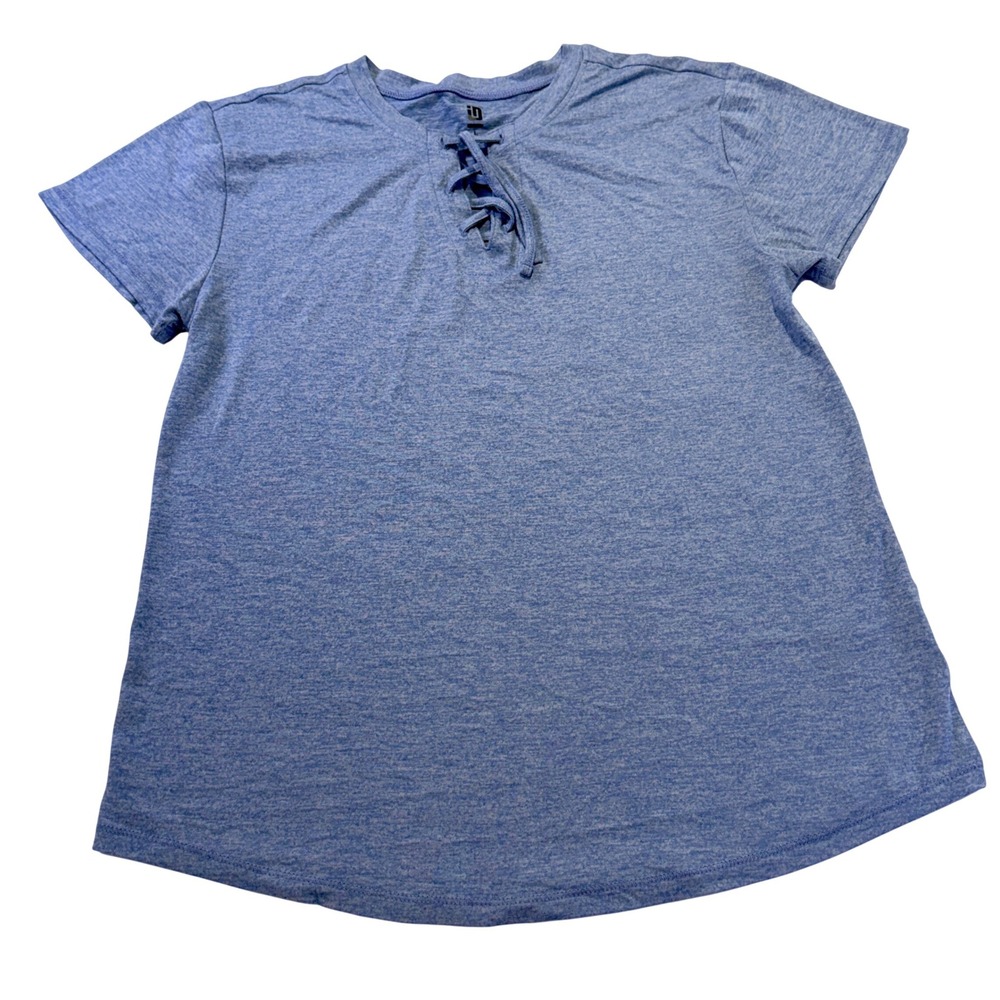Ideology Womens Blue Heathered Lace Up Neck Activewear T-Shirt Large 386A2